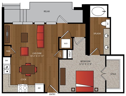 Floor plan for 1 bed, 1 bath, 749 sqft